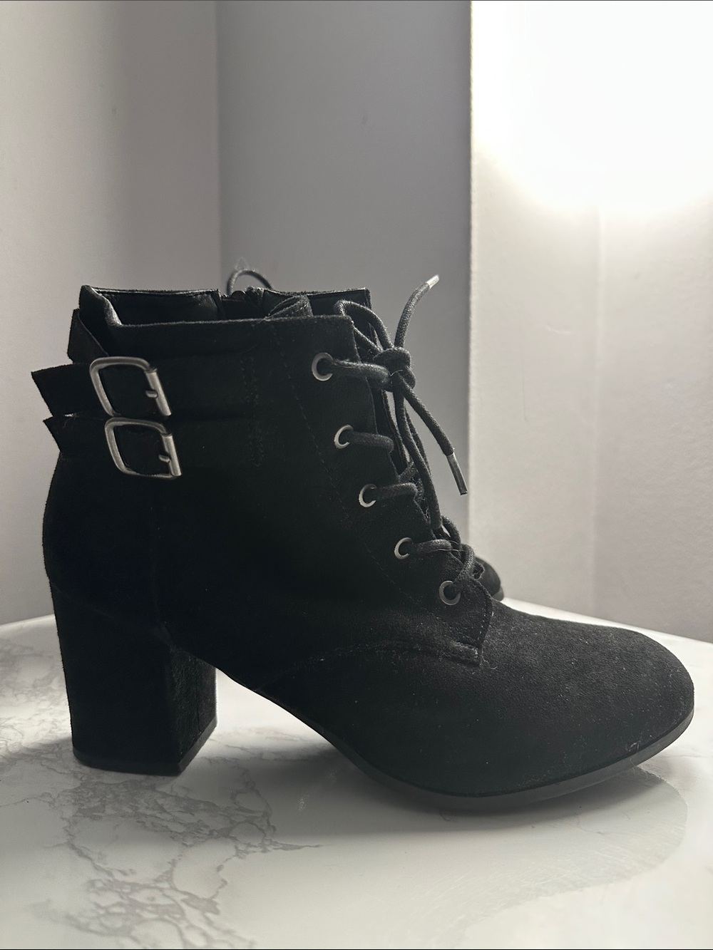 Madden Girl Black Lace-Up Suede Ankle Boots with Buckles